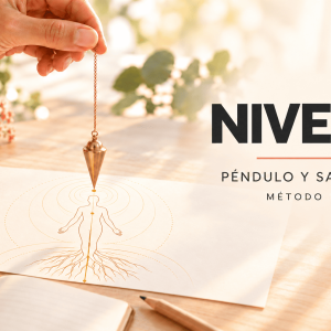 Péndulo dorado sobre una silueta con raíces y un eje vertical, junto al texto «Nivel II · Péndulo y Sanación · Método EON».