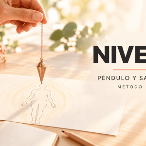 Péndulo dorado sobre una silueta rodeada de líneas que representan el aura, junto al texto «Nivel I · Péndulo y Sanación · Método EON».