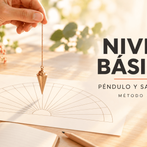 Péndulo dorado sobre una plantilla de radiestesia junto al texto «Nivel Básico · Péndulo y Sanación · Método EON».