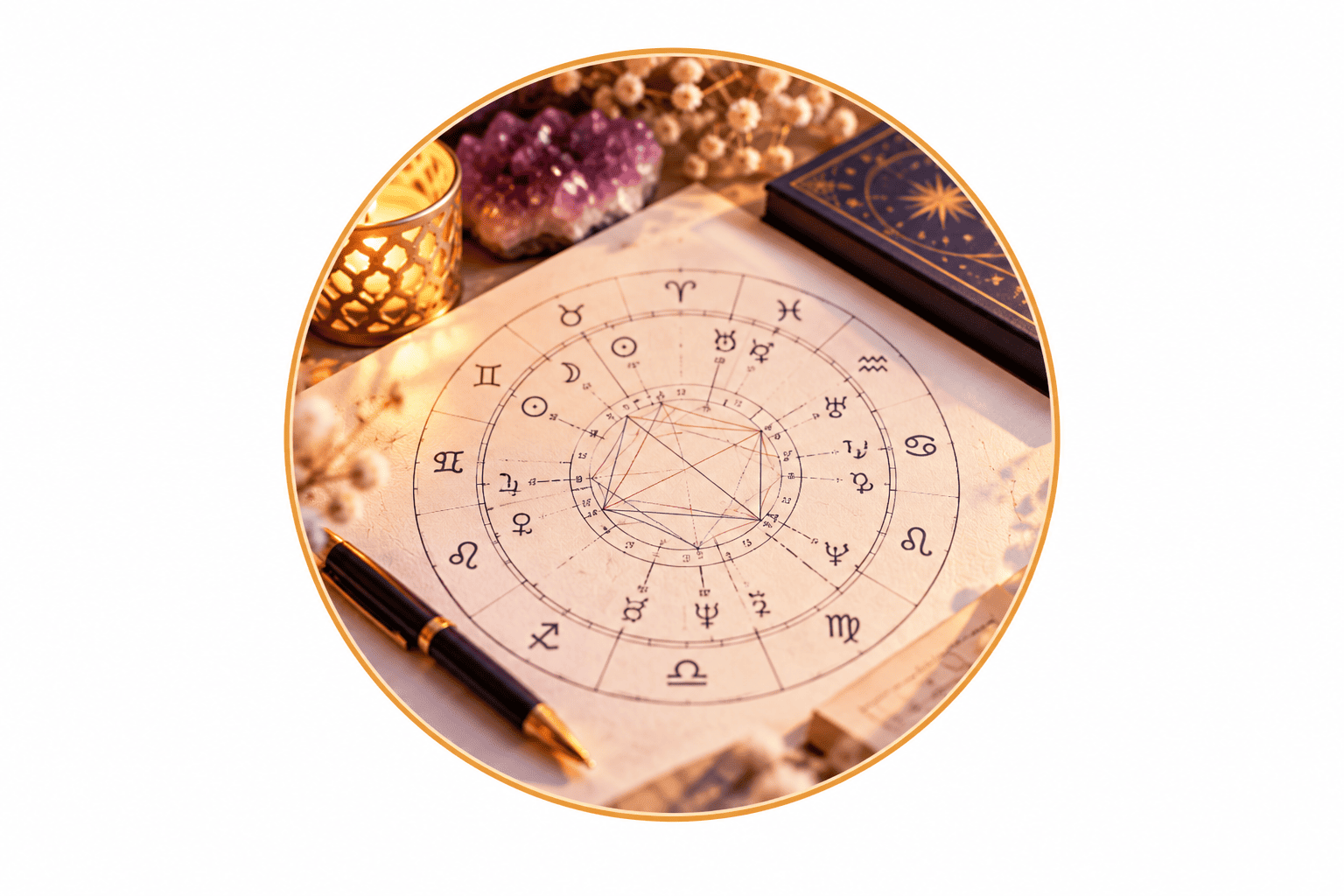 Carta natal astrológica con signos del zodiaco, planetas y aspectos, utilizada para practicar su análisis e interpretación.