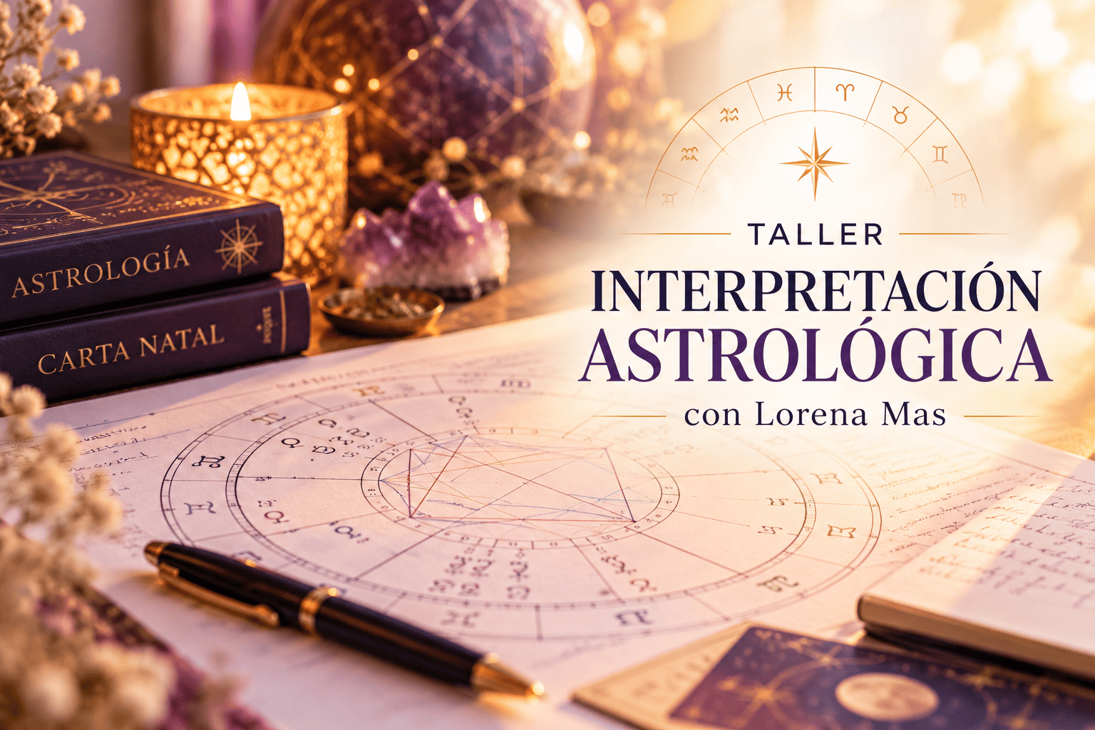 Imagen del Taller de Interpretación Astrológica con Lorena Mas, con una carta natal, libros de astrología, velas y minerales.
