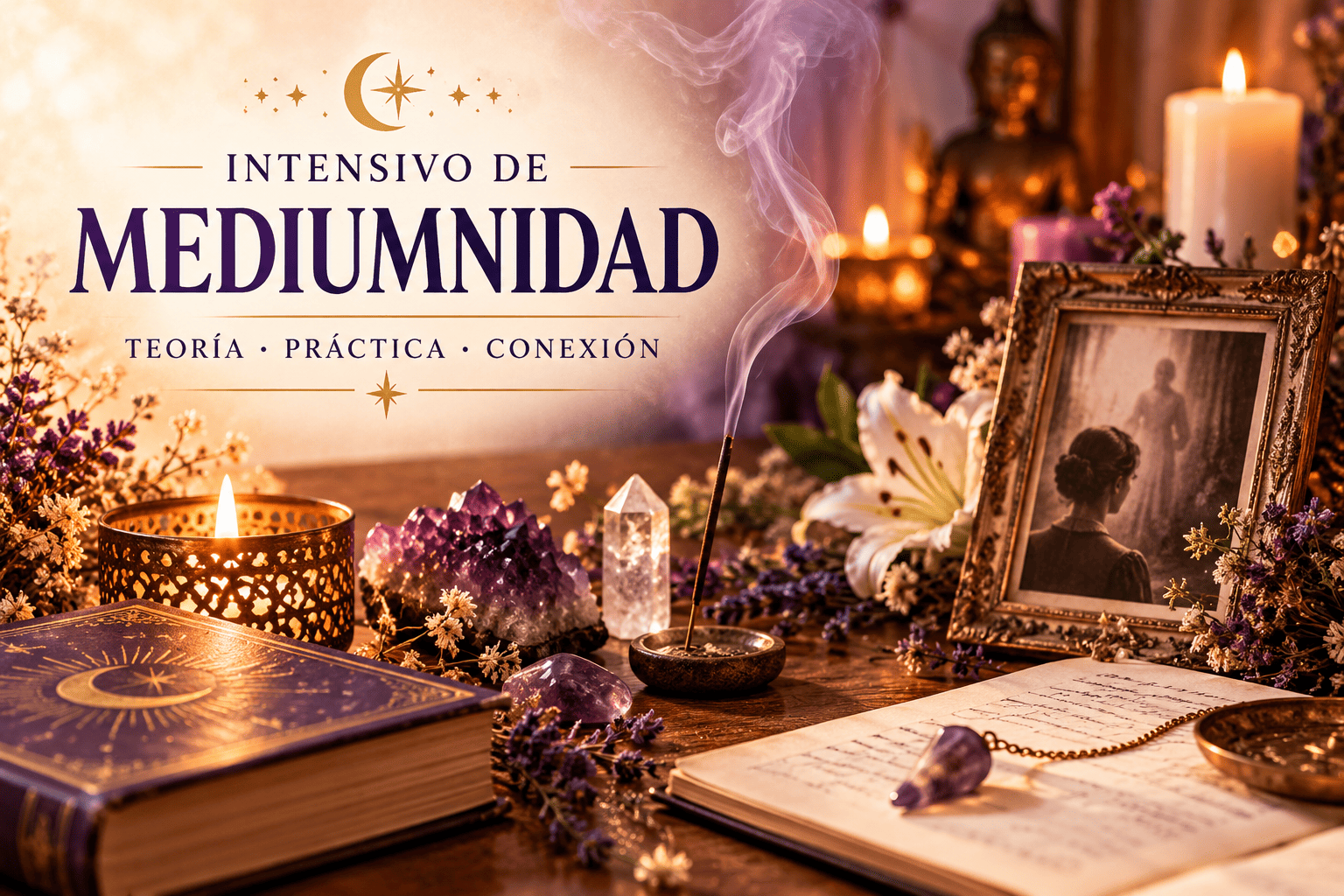 Cartel del Intensivo de Mediumnidad de EON Formación, con velas, incienso, fotografía antigua, minerales y un cuaderno de prácticas.