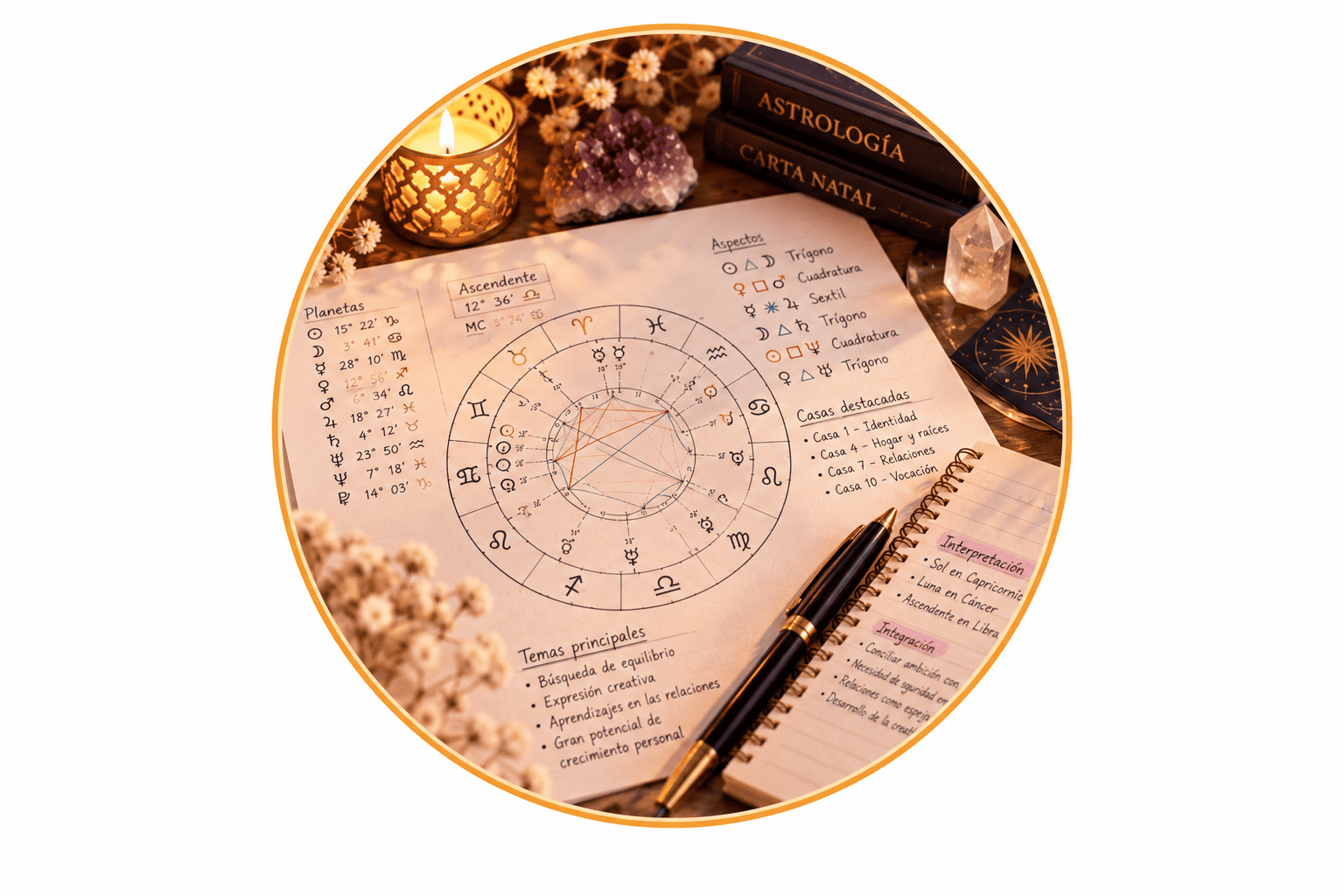Carta natal astrológica con apuntes manuscritos sobre planetas, casas y aspectos para practicar su interpretación.