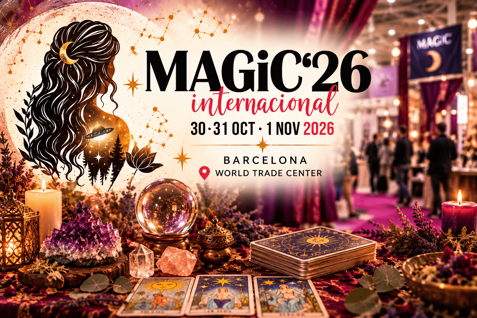 Cartel de Magic Internacional 2026 en Barcelona, del 30 de octubre al 1 de noviembre, con ilustración de una mujer, cartas de tarot y minerales.