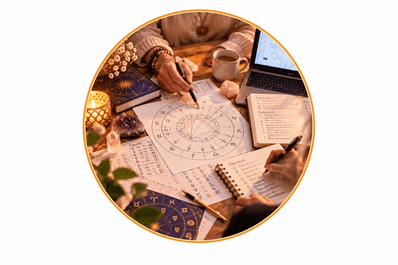Dos personas practicando la interpretación de una carta natal sobre una mesa con apuntes, libros de astrología y un ordenador.